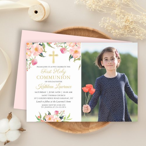 Pink Floral Girl First Holy Communion Photo Invite