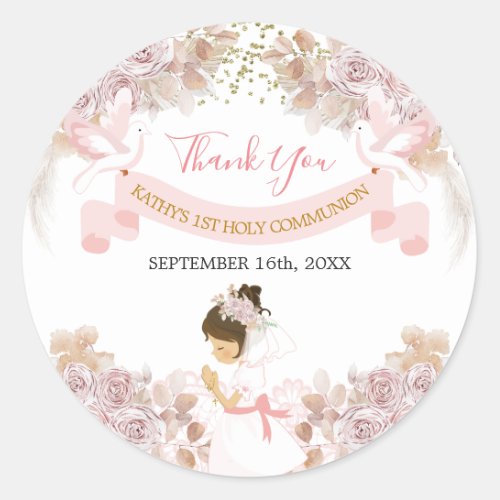 Pink Floral Girl First Holy Communion Thank you Classic Round Sticker