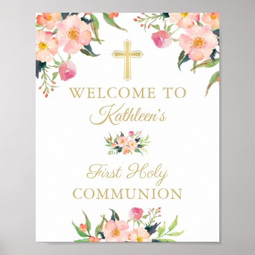 Pink Floral Girl First Holy Communion Welcome Sign