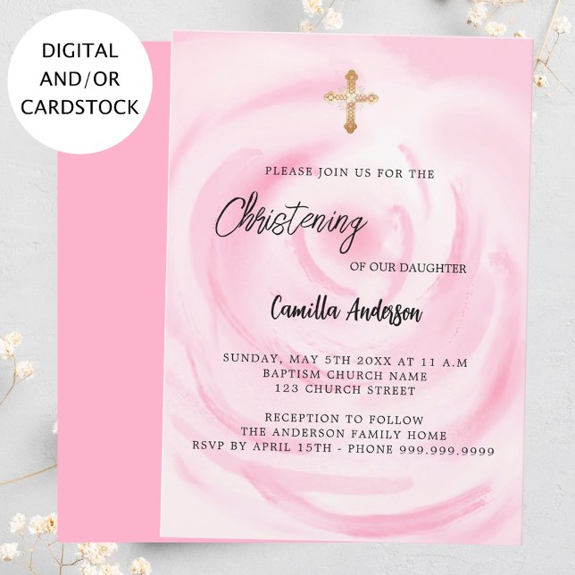 Pink floral girl gold cross Christening Invitation (Creator Uploaded)