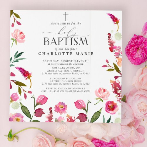 Pink Floral Girl Holy Baptism Watercolor Flowers Invitation