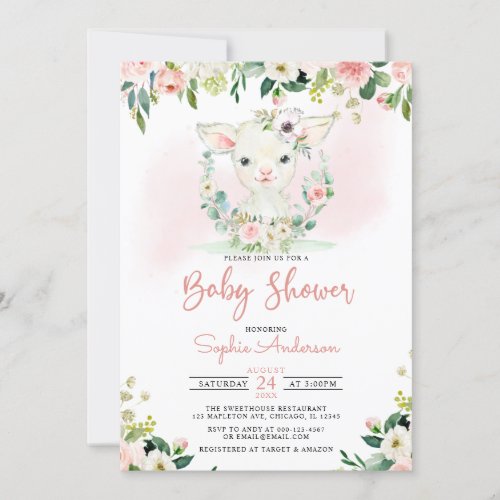 Pink Floral Girl Lamb Baby Shower Invitation