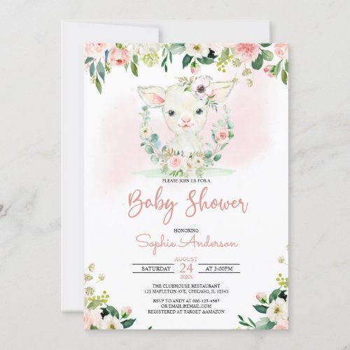 Pink Floral Girl Lamb Baby Shower Invitation