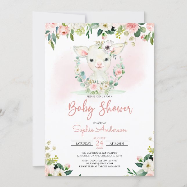 Pink Floral Girl Lamb Baby Shower Invitation (Front)