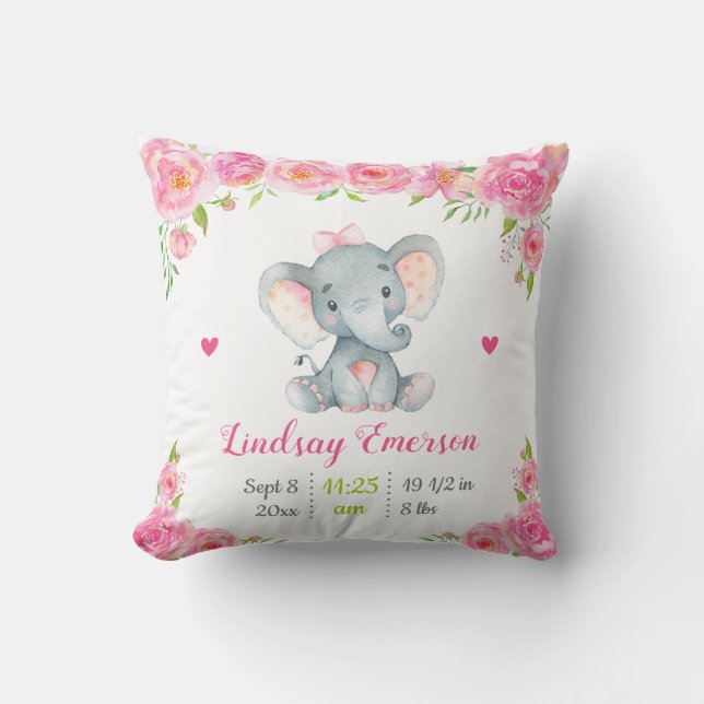Pink Floral Girl Nursery Baby Shower Gift Elephant Throw Pillow (Front)
