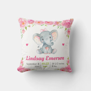 Pink Floral Girl Nursery Baby Shower Gift Elephant Throw Pillow