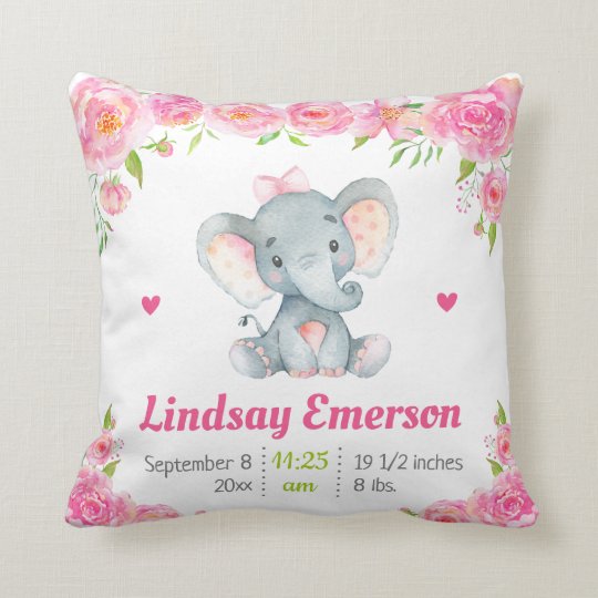 Pink Floral Girl Nursery Baby Shower Gift Elephant Throw Pillow