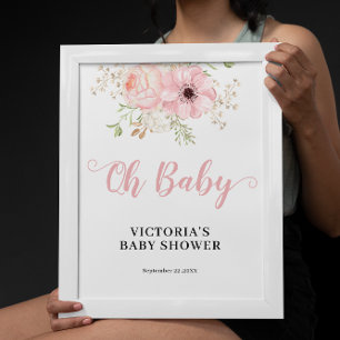 Pink Floral Girl Oh Baby Shower Welcome Poster