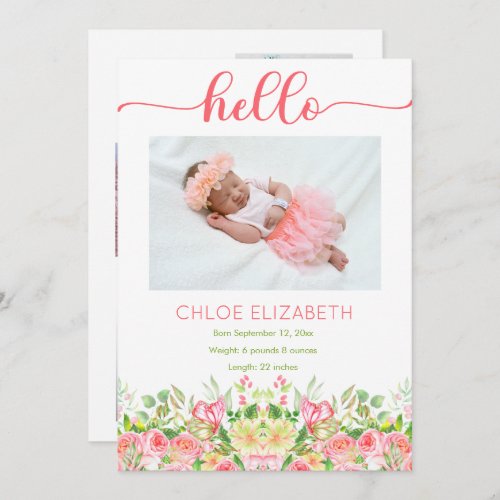 Pink Floral Girl Photo Collage Birth Announcement