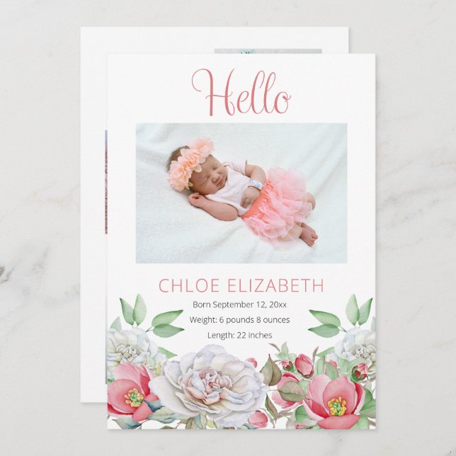 Pink Floral Girl Photo Collage Birth Announcement (Front/Back)