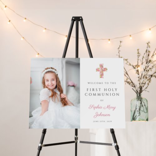 Pink Floral Girl Photo First Communion Welcome Foam Board
