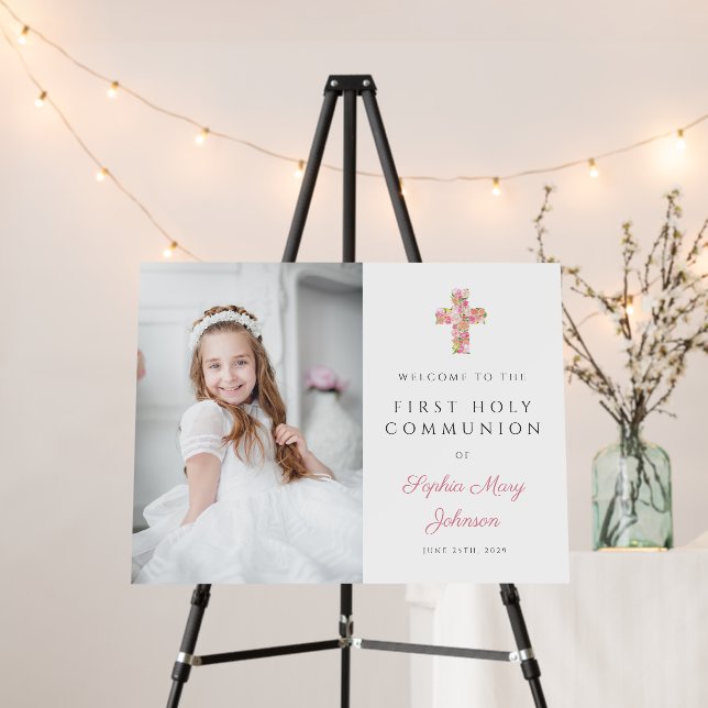 Pink Floral Girl Photo First Communion Welcome Foam Board (In Situ (Stand))