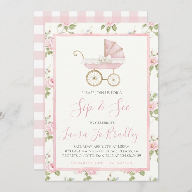 Pink Floral Girl Preppy Southern Sip & See Invitation (Front/Back)