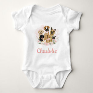 Pink Floral Girl Puppies Dogs Birthday Party Baby Bodysuit