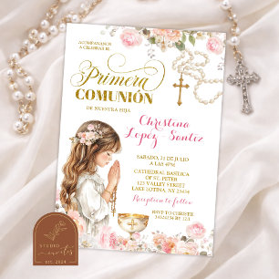 Pink Floral Girl Rosary Primera Comunion Invitation