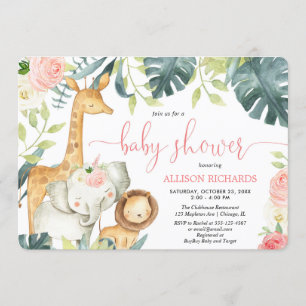 Pink floral girl safari jungle animals baby shower invitation