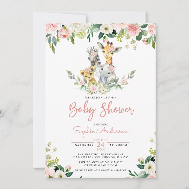 Pink Floral Girl Safari Jungle Animals Baby Shower Invitation (Front)