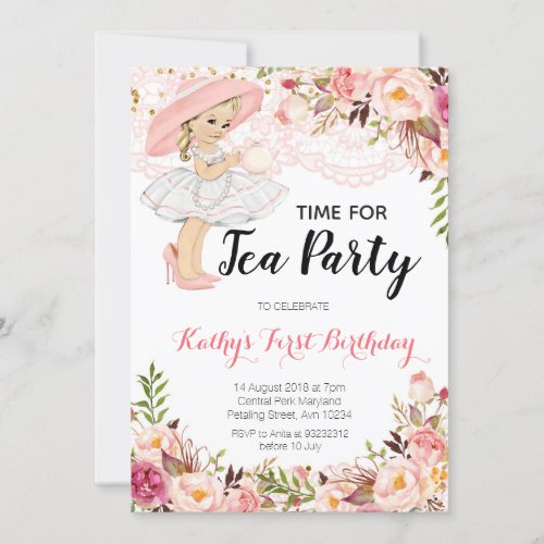 Pink Floral Girl Tea Birthday Party Invitation