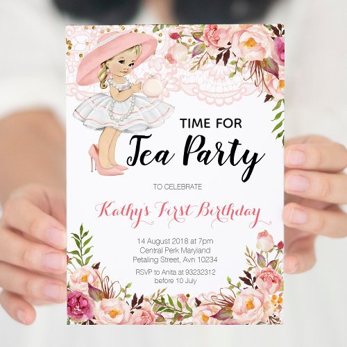 Pink Floral Girl Tea Birthday Party Invitation