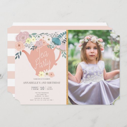 Pink Floral Girl Tea Party Photo Birthday Invitation