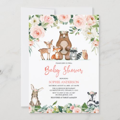 Pink Floral Girl Woodland Animals Baby Shower Invitation