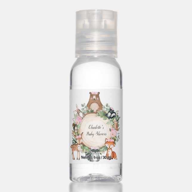 Pink Floral Girl Woodland Forest Baby Favors Hand Sanitizer (Front)