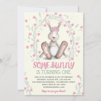 Pink Floral Girls Bunny Birthday Party Invitation by dulceevents at Zazzle