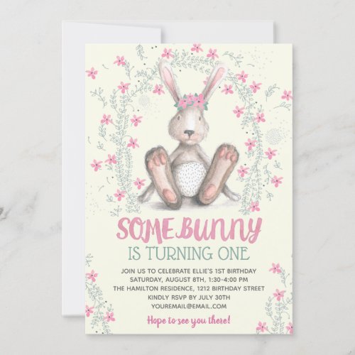 Pink Floral Girls Bunny Birthday Party Invitation