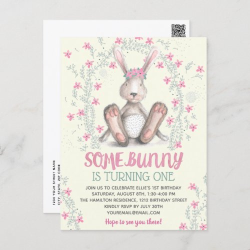 Pink Floral Girls Bunny Birthday Party Invitation Postcard