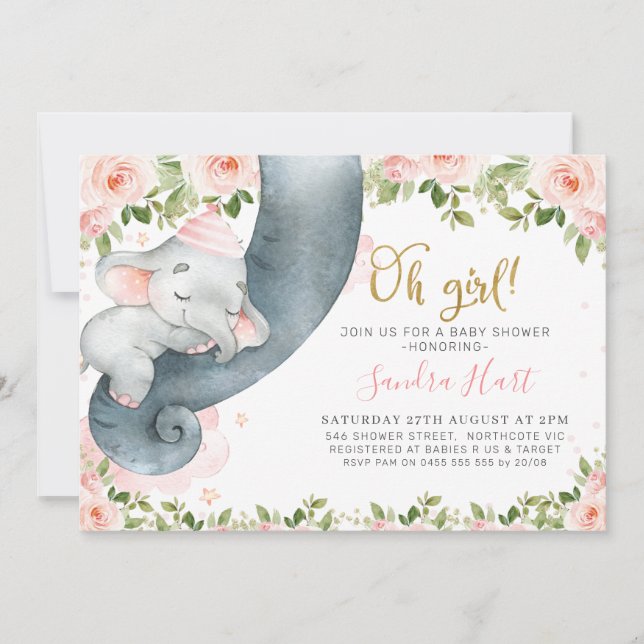 Pink Floral Girls Elephant Trunk Baby Shower Invitation (Front)