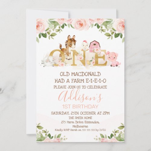 Pink Floral Girls Farm 1st Birthday Invitation