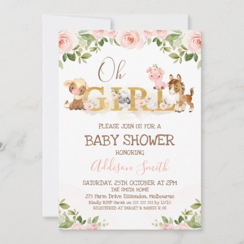 Pink Floral Girls Farm Themed Baby Shower Invitation