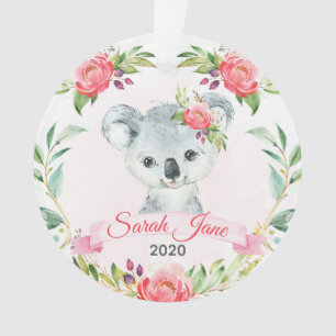 Pink Floral Girls Koala Bear Name Ornament