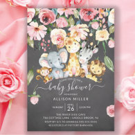 Pink Floral Girls Safari Animals Baby Shower Invitation