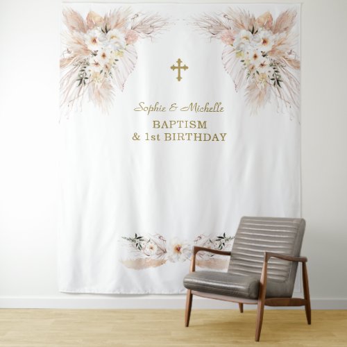 Pink Floral Girls Twins 1st Birthday Baptism Tapes Tapestry