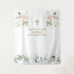 Pink Floral Girls Twins 1st Birthday Baptism Tapestry
