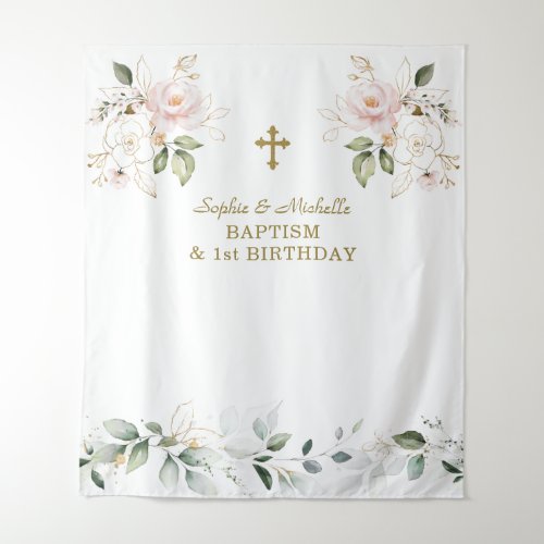 Pink Floral Girls Twins 1st Birthday Baptism  Tapestry