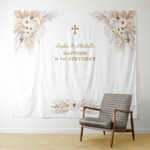 Pink Floral Girls Twins 1st Birthday Baptism Tapestry