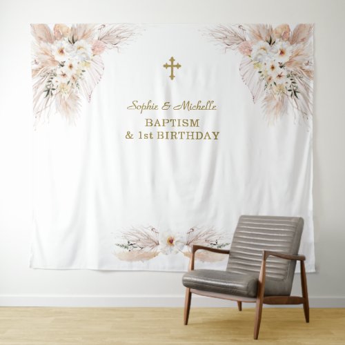 Pink Floral Girls Twins 1st Birthday Baptism  Tapestry