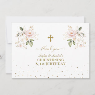 Pink Floral Girls Twins 1st Birthday Christening Thank You Card