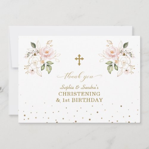 Pink Floral Girls Twins 1st Birthday Christening  Thank You Card