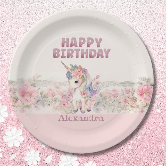 Pink Floral Girls Unicorn Birthday  Paper Plates (Creator Uploaded)
