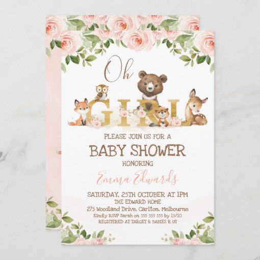 Pink Floral Girls Woodland Themed Baby Shower Invitation | Zazzle