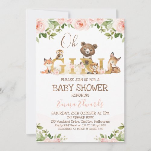 Pink Floral Girls Woodland Themed Baby Shower Invitation