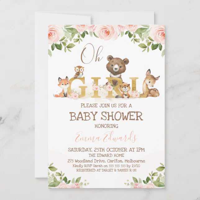 Pink Floral Girls Woodland Themed Baby Shower Invitation | Zazzle