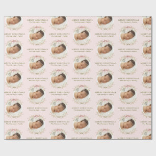 Pink Floral Girly Coquette Bow Photo Christmas Wrapping Paper