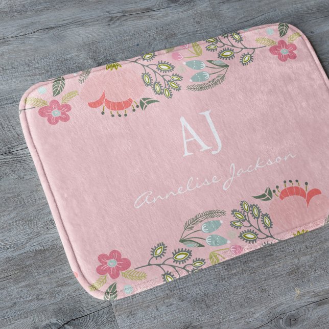Pink floral girly monogram name personalized bath mat (Creator Uploaded)