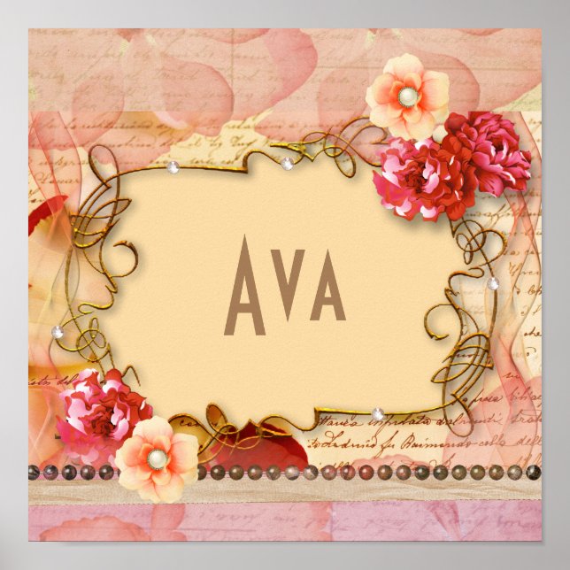 Pink Floral Girly Personalized Name Monogram Poster (Front)