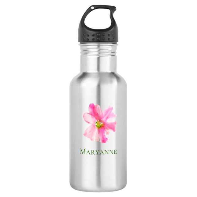 Pink Floral Girly Personalized Stainless Steel Water Bottle (Front)