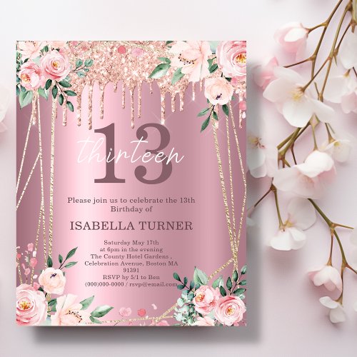 Pink Floral  Glitter 13th Birthday Invitation